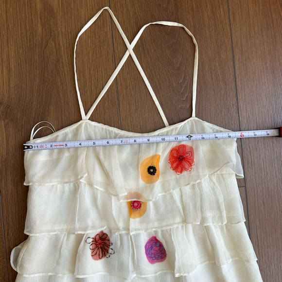 Tocca 100% Silk Cream Dress with Colorful Floral Accents and flowy layers - Picture 9 of 13